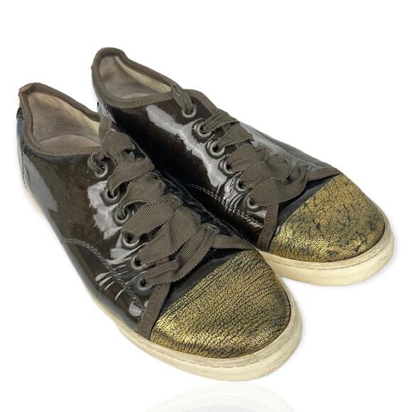 LANVIN PARIS Leather Patent Sneakers Brown/Gold Crackel    EU 36/US 6 - Picture 2 of 11